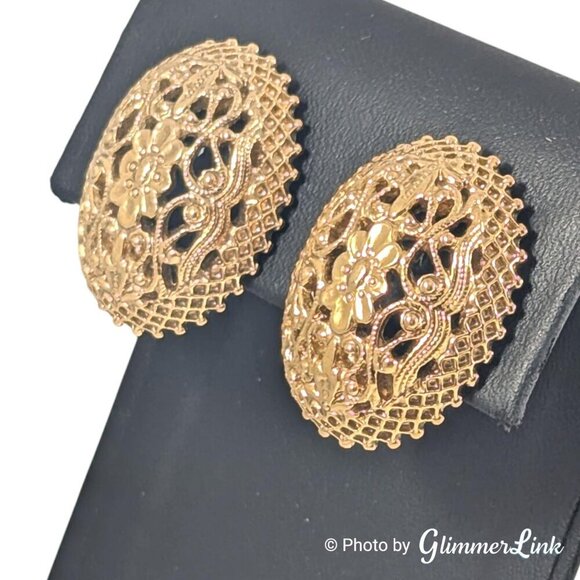 Vintage 1928 Co Oval Floral Filigree Lattice Dome Gold Tone Clip On Earrings - Picture 4 of 10